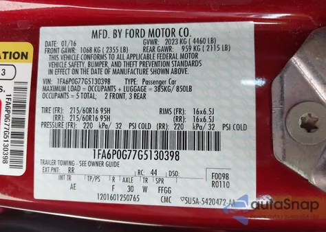 2016 Ford Fusion S из США, поврежденный, VIN 1FA6P0G77G5130398